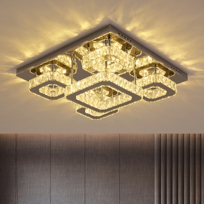 Multi-Square Semi Mount Lighting Modern Cut Crystal Bedroom LED Ceiling Flush Light in Chrome