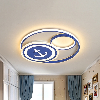 Circular Ceiling Light Cartoon Acrylic Sleeping Room LED Flush Mount Fixture with Anchor Pattern in Blue