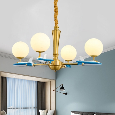 Opal Glass Ball Chandelier Lamp Nordic 4 Heads Brass Hanging Ceiling Light with Airplane Deco