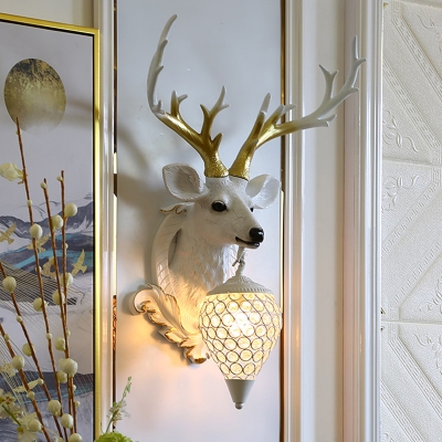 Resin Deer Head Wall Mount Light Fixture Traditional 1-Light Living Room Wall Sconce in White/Brown/White and Gold with Raindrop Crystal Embedded Design
