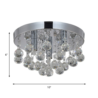 Round Bedroom Flush Mount Faceted Crystal Orbs 3-Bulb Modern Ceiling Light in Chrome