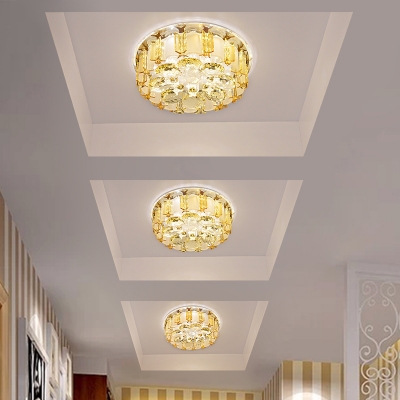 Round Corridor Ceiling Mounted Fixture Hand-Cut Crystal LED Modern Semi Flush Lamp in Chrome, Warm/White Light