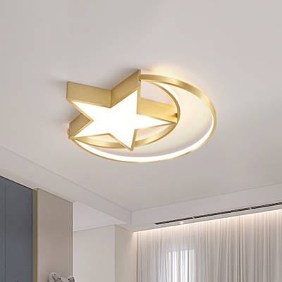 Star and Moon Flush Ceiling Light Simplicity Acrylic LED Gold Lighting Fixture in Warm/White Light for Bedroom