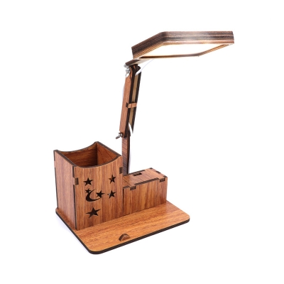 Wood Square Foldable Desk Lamp Modern Functional LED Reading Light in Black Brown/Beige/Red Brown with USB Charging Port and Pen Holder