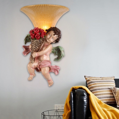 Yellow Glass Bell Wall Mount Light Countryside 1 Head Bedroom Wall Mounted Lamp with Angel Boy Decor in Pink