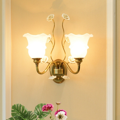 1/2 Bulbs Surface Wall Sconce Traditional Living Room Wall Lighting with Flower Clear/Textured White Glass Shade in Brass