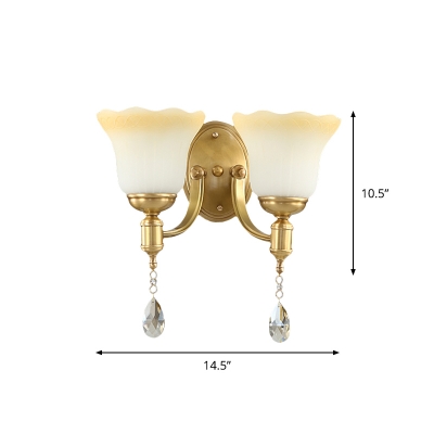 1/2-Light Living Room Wall Light Modern Gold Crystal Wall Sconce with Floral Frosted Glass Shade