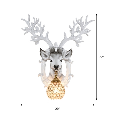 1-Bulb Elk Head Wall Mounted Light Traditional White Resin Wall Sconce with Crystal Embedded Globe Shade