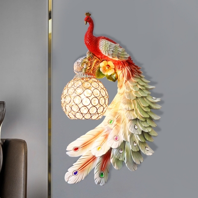 1 Bulb Peacock Sconce Light Rustic White/Red/Green Resin Wall Mounted Lamp with Ball Crystal Encrusted Shade, Right/Left