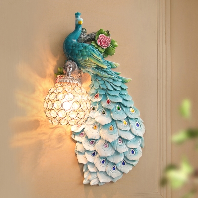 1 Head Wall Light Sconce Traditional Peacock Resin Wall Lighting Fixture in White/Blue/Green with Crystal Ball Shade, Right/Left