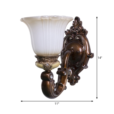1 Head Wall Mount Lighting Cottage Carved Milk Glass Wall Light Fixture in Brown for Bedroom