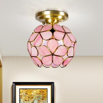 Baroque Blossom Semi Flush Light 1 Head White/Pink/Blue Glass Close to Ceiling Lamp in Brass for Corridor