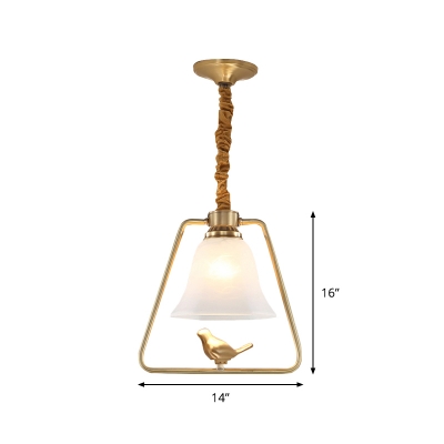 Bell Frosted Glass Hanging Pendant Classic 1 Light Dining Room Pendulum Light with Gold Trapezoid Frame
