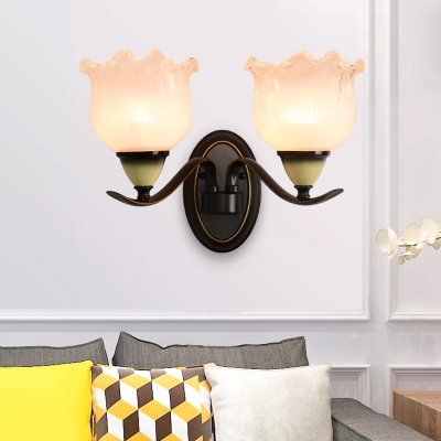 Black Flower Wall Lighting Classic Style Frosted Ribbed Glass 1/2 Bulbs Living Room Wall Sconce