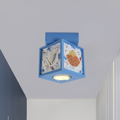 Coastal Cube Ceiling Flush Mount Resin 1 Bulb Doorway Flush Lamp Fixture with Shell Deco in Blue/Light Blue