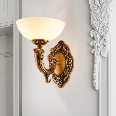 Brass Finish 1/2-Head Wall Lighting Countryside Frosted Glass Bowl Shade Wall Sconce with Swirled Arm