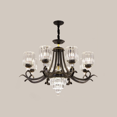 Clear Crystal Cylinder Chandelier Contemporary 6/8 Heads Black Hanging Light Kit with Swooping Arm