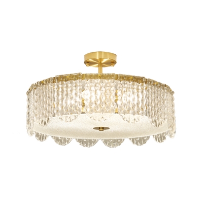 Clear Crystal Drum Semi Flush Mount Minimalist 4-Light Gold Ceiling Light Fixture with Scalloped Trim