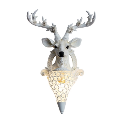 Country Teardrop Wall Mount Light 1 Bulb Crystal Embedded Wall Sconce Lighting in Grey/White/Brown with Resin Deer Head Backplate