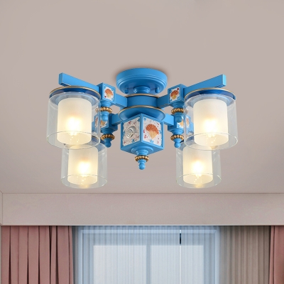 Nautical Dual Barrel Ceiling Lamp Clear and Opal Glass 4 Bulbs Bedroom Semi Flush Chandelier with Resin Shell Deco in Blue