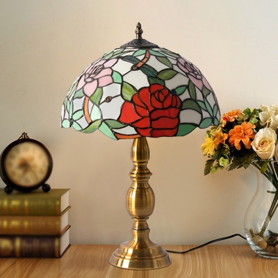 Dome Night Lighting Mediterranean Hand Cut Glass 1 Bulb Brass Finish Table Lamp with Rose Pattern