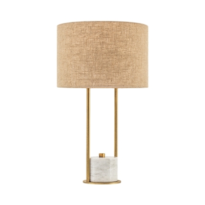 Drum Fabric Night Table Lighting Simplicity 1-Head White/Beige Desk Lamp with Cylindrical Marble Base