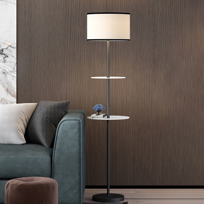 Fabric Cylinder Floor Light Minimalist 1-Bulb Black Standing Lamp with Shelves Design