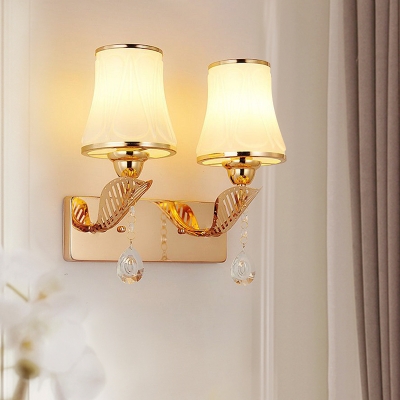 Flared Wall Lighting Fixture Postmodern Frosted Glass 2-Light Living Room Wall Mounted Lamp in Gold