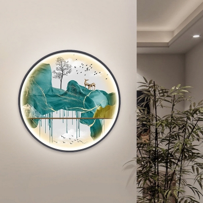 Hill and Tree Mural Lighting Asian Style Fabric LED Green/Yellow Finish Wall Mounted Lamp for Living Room