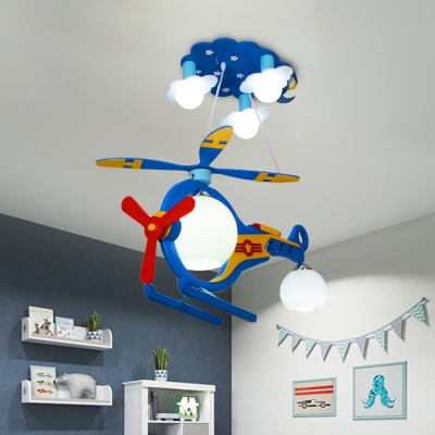 Kids 5-Bulb Ceiling Mounted Lamp Blue Helicopter Flush Light with Milk Glass Shade