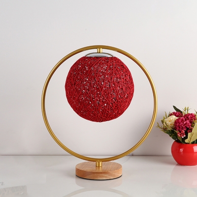 Kids Spherical Night Table Light Rattan 1 Light Bedroom Nightstand Lamp in Beige/Red with Metal Ring Deco