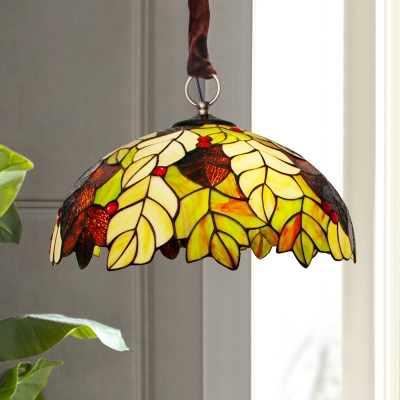 Leaf Chandelier Light 3-Bulb Yellow Stained Glass Dining Room Tiffany Suspension Lamp with Bowl Shade