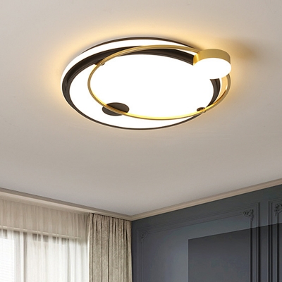 LED Bedroom Ceiling Lamp Minimalism Black-Gold Flush Mount Fixture with Circular Metal Shade in Warm/White Light