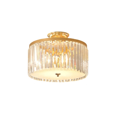 LED Parlor Semi Flush Mount Lighting Modern Gold Ceiling Light with Drum Crystal Rectangle Shade