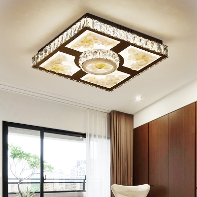 Living Room LED Ceiling Flush Modernism Chrome Petal Patterned Flushmount with Squared Faceted Crystal Shade