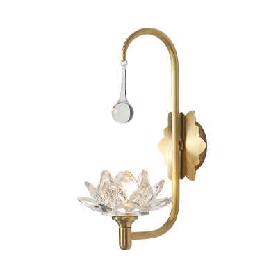 Lotus Beveled Crystal Sconce Lamp Farmhouse 1-Head Bedside LED Wall Mount Light in Brass