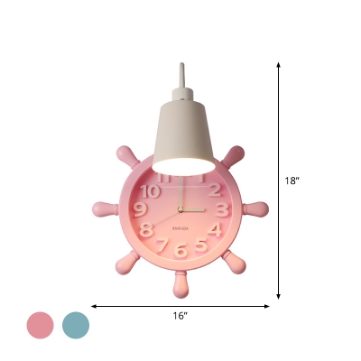 Metal Conic Wall Light Fixture Macaron 1 Head Wall Mount Lamp with Rudder Clock Design in Pink/Blue