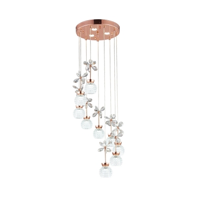 Modern Sphere Multi Ceiling Light Crystal 9 Lights Pendant Lamp in Gold with Spiral Design, Warm/White Light