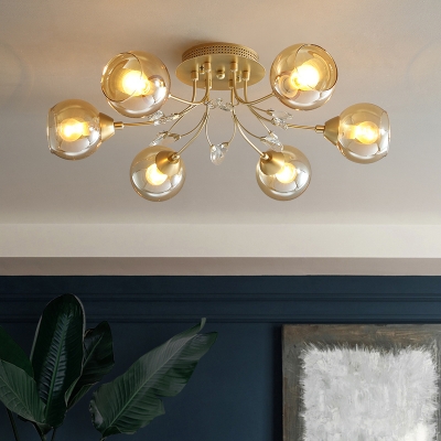 Modernist Ball Semi Flush Light Fixture Amber Glass 6 Bulbs Living Room Close to Ceiling Lamp