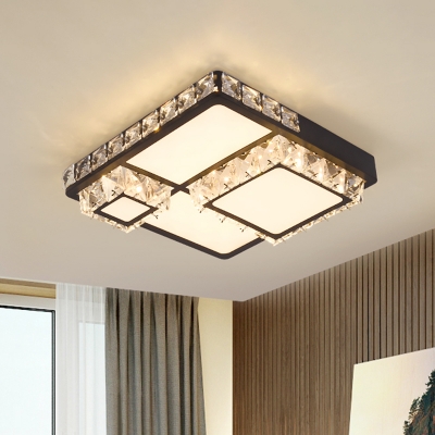 Modernist Round/Square Flush Mount Lighting Faceted Crystal LED Bedroom Ceiling Light Fixture in Black
