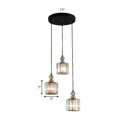 Modernity Cylinder Cluster Pendant Clear Crystal 1/3-Bulb Dining Room Hanging Light Fixture in Black