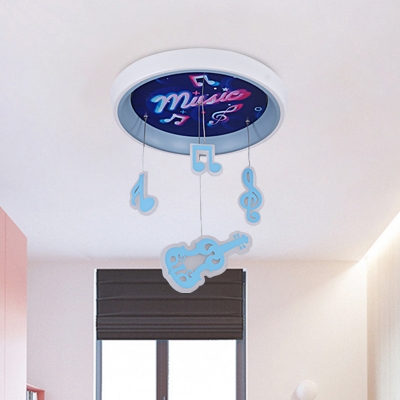 Music Pattern Circle Flush Light Kids Acrylic Pink/Blue LED Ceiling Lighting with Guitar and Rhythm Drop