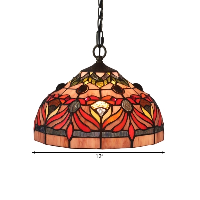 Red 1 Bulb Pendant Lamp Tiffany Stained Glass Bowl Shade Hanging Ceiling Light with Floral Pattern