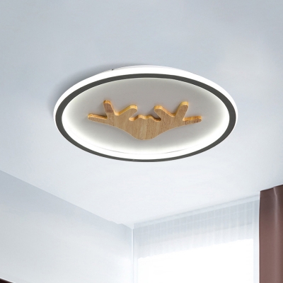 Round Acrylic Flush Mount Light Nordic LED Grey/White/Green Ceiling Fixture with Wood Antler Deco