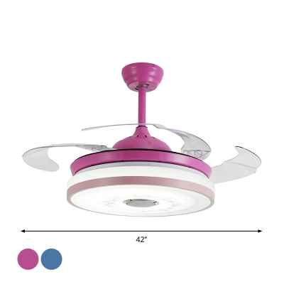 Round Acrylic Hanging Fan Light Macaron Pink/Blue LED Semi Flush Ceiling Fixture with 3 Blades for Bedroom, 42