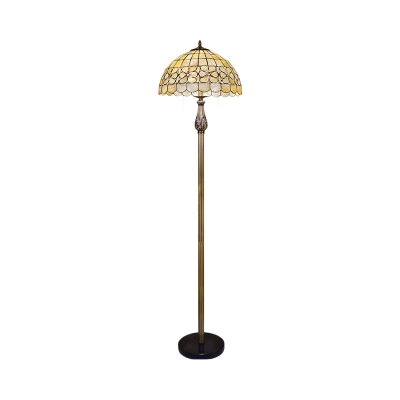 Shell Beige Floor Standing Lighting Lattice Bowl 2 Lights Mediterranean Pull Chain Floor Lamp with Floral Pattern