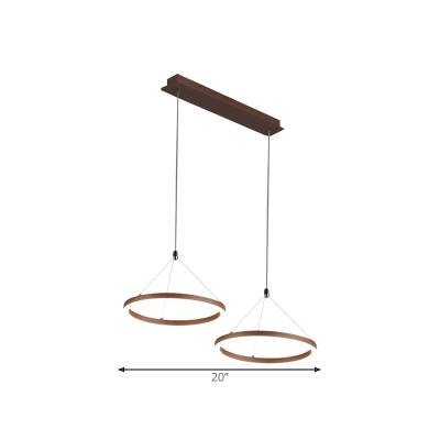 Simple 2-Head LED Pendant Lighting Brown Ring Height-Adjustable Multiple Hanging Lamp with Metal Frame