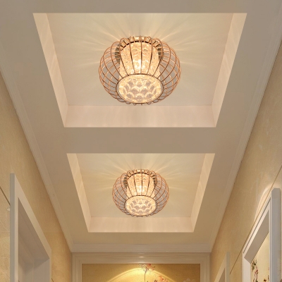 Simple Cylinder Ceiling Lamp Crystal LED Hallway Flush Mount with Global Frame Design in Gold, Warm/White Light