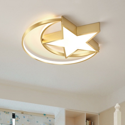 Star and Moon Flush Ceiling Light Simplicity Acrylic LED Gold Lighting Fixture in Warm/White Light for Bedroom
