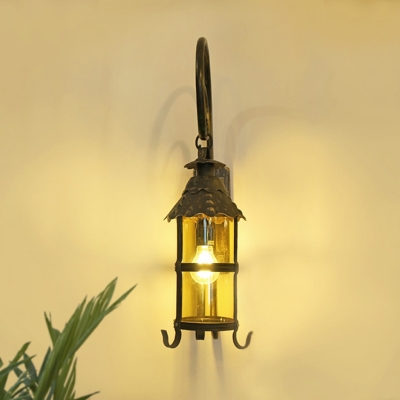 Tan Glass Lantern Wall Light Sconce Industrial Style 1 Head Corridor Wall Mounted Lamp in Antique Bronze